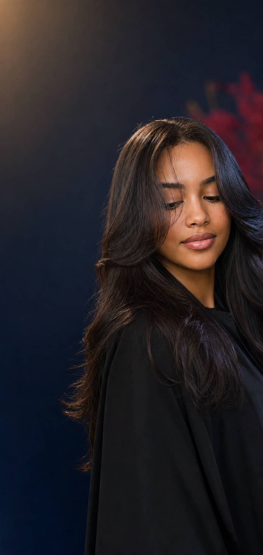 Student with a glossy layered Dominican blowout